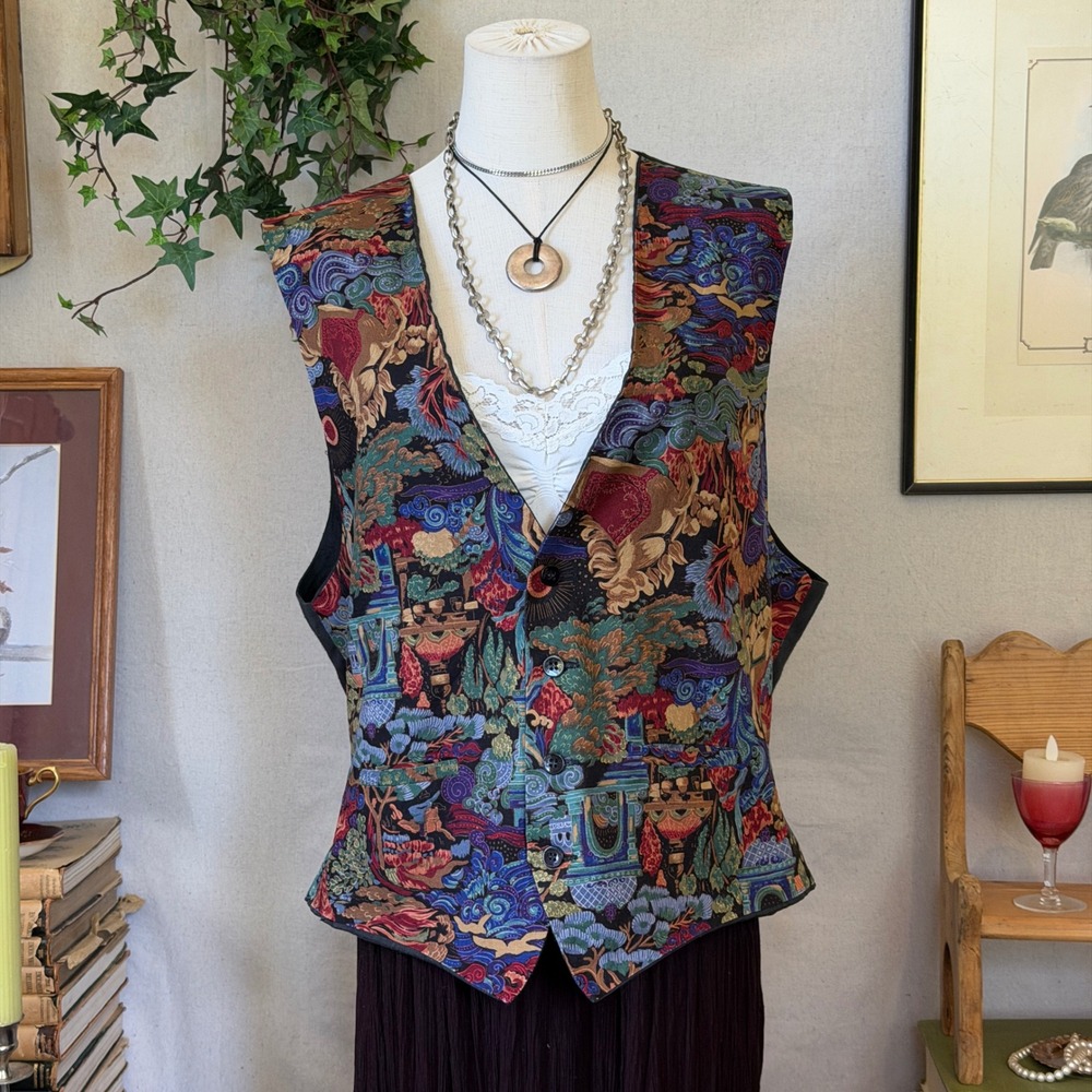 Multicolor Tapestry Vest Whimsygoth Colorful L Funky Sleevless Button Up 90s